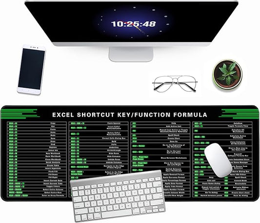 Excel Cheat Sheet Desk Pad, 31.5"x11.8", Waterproof Extra Large Excel Shortcut Mat with Stitched Edges, Anti-Slip Excel Mouse Pad for Office Desk, MS Excel/Word Shortcuts (Green Excel J)