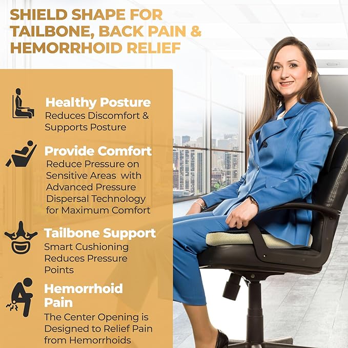 Patented 55D Memory Foam Seat Cushion– Ergonomic Office Chair Cushion for Sciatica Relief, Car Seat Cushion for Long Driving – Coccyx Pillow for Tailbone Pain, Pressure Relief for Hip, All Day Comfort