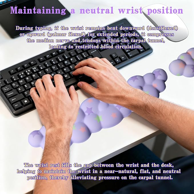 Cloud Wrist Rest Set for Keyboard and Mouse, Includes Cute Coaster, with Computers and Laptops (Light Purple Colorful Star Set)