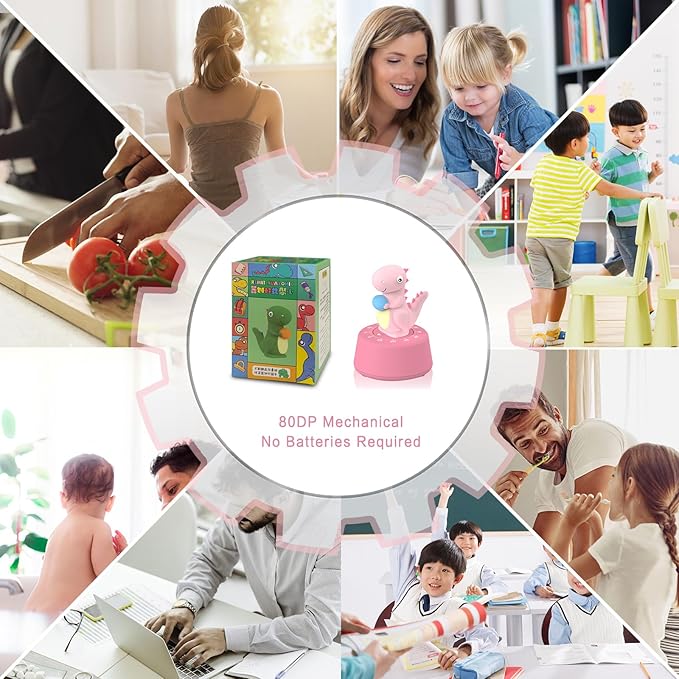 60 Minutes Mechanical Kitchen Timer,Cute Dinosaur Timer for Kids,Wind Up Egg Timer for Cooking,Reading,Classroom and Do Sports. (Pink)