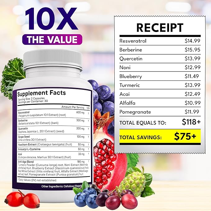 NEW AGE Resveratrol, Berberine, Grape Seed Extract, Quercetin, Polyphenol Supplement for Women and Men with Noni Extract, N-Acetyl Cysteine, Acai Extract - 180 Capsules