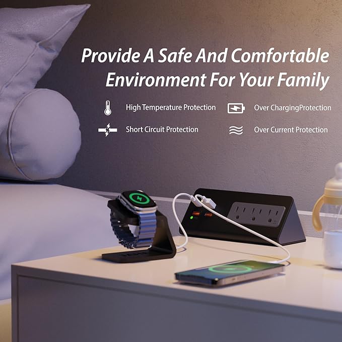 Upgraded,Desk Edge Clamp Mount Power Strips with USB Ports, PD20 W Fast Charging USB-C Port and 3 AC Outlets, Nightstand Charging Station,Office Tabletop Accessories,5.6 Ft Extension Cord