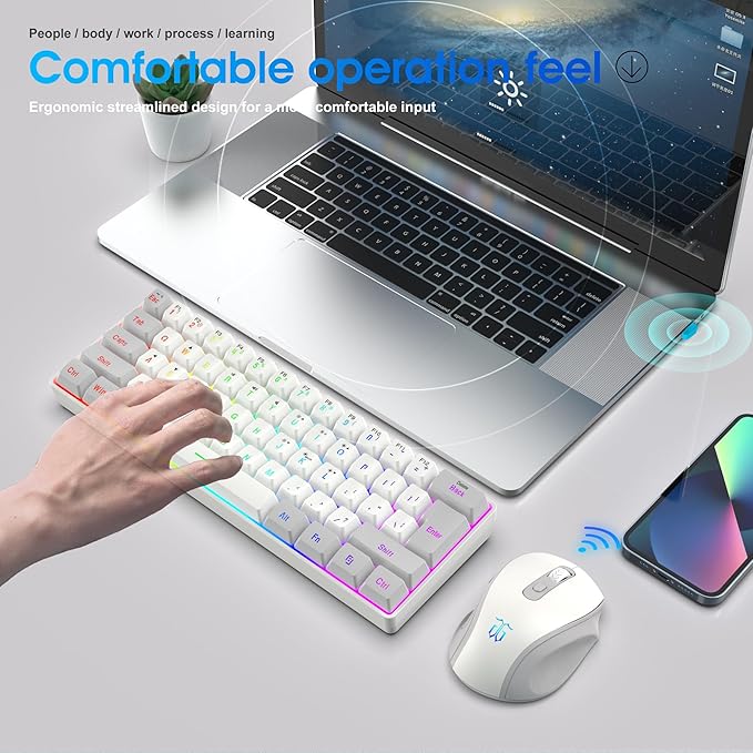Snpurdiri 2.4G Wireless Gaming Keyboard and Mouse Combo, Include Mini 60% Mechanical Feel RGB Backlit Keyboard, Ergonomic Vertical Feel Small Wireless Mouse(Grey and White)
