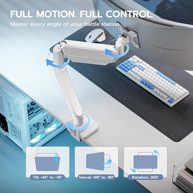 ARES WING Single Monitor Arm, Heavy Duty Adjustable Monitor Arm for 13"-49" Screens with USB, Gas Spring Desk Mount Stand with C Clamp/Grommet Mounting Base up to 40lbs Computer, White