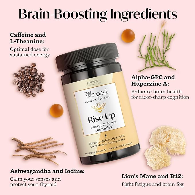 Winged Wellness Rise Up, Energy & Focus Gummies for Women - Daily Brain Boost Gummy Supplement with Natural Caffeine, Ashwagandha, B12, Nootropics Alpha-GPC & Lion’s Mane - Pineapple, 60 Gummies