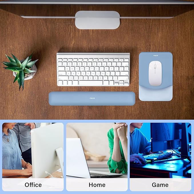 MOSISO Wrist Rest Support for Mouse Pad&Keyboard Set, Rectangular Ergonomic Mousepad Non-Slip Base Home/Office Pain Relief&Easy Typing Pad with Neoprene Cloth&Raised Curved Memory Foam, Stone Blue