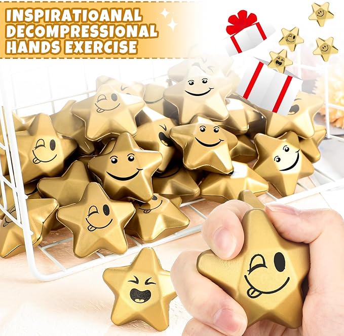 Deekin 36 Pieces Star Stress Balls Mini Foam Ball Stress Relief Toys for Teens and Adults Student Bag Fillers, Gold(Novelty,1.6 Inch)