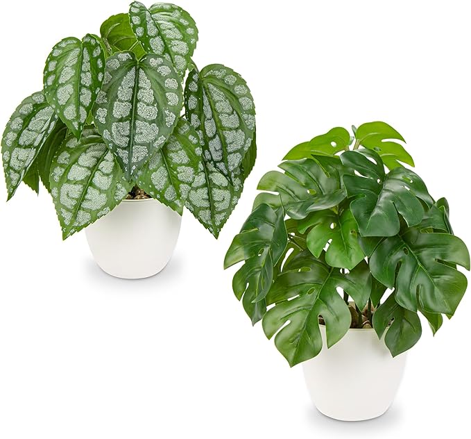 Fake Plants Small Artificial Plants Indoor Set of 2 Faux Plants with Pots Realistic Monstera Fake Potted Plants Artificial Decor for Home Bedroom Aesthetic Bathroom Shelf Living Room Office Table