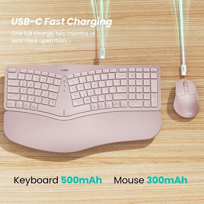Nulea KM75 Wireless Keyboard and Mouse Combo, Comfortable Natural Typing, Palm Rest, Multi-Device (Bluetooth, 2.4G, Wired), Rechargeable, for Multi-OS, Windows, Mac, Android (Light Pink)
