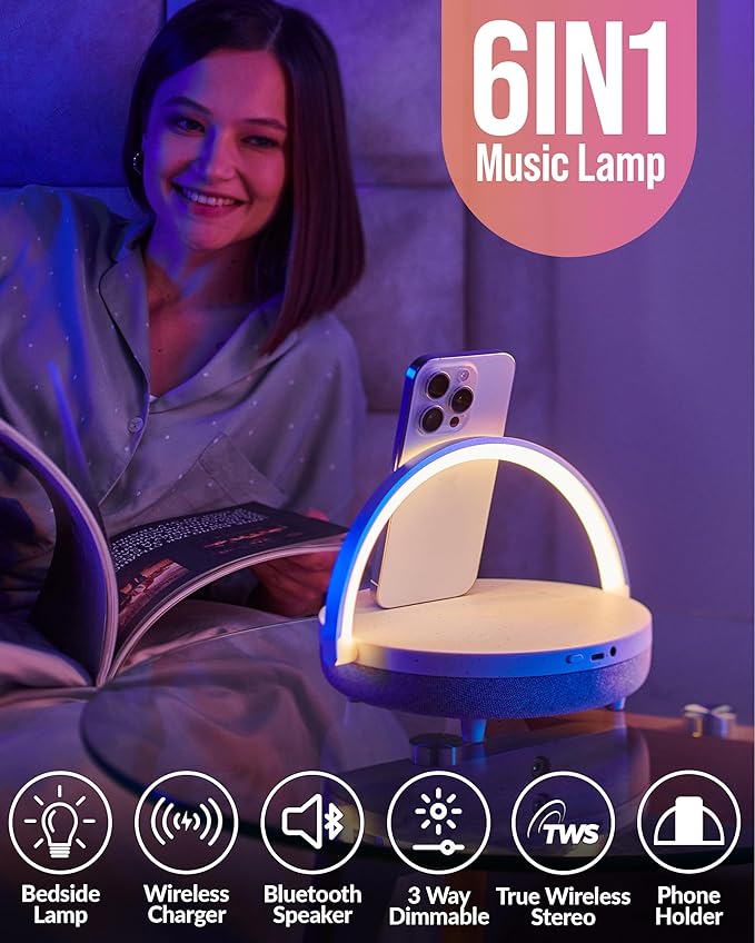 Bedside Lamp with Wireless Charger, 6 in 1 Touch Bedside Lamp, Portable Bluetooth Speaker, Birthday Gifts for Women, Gift for Her, Mom, Dad, Mens Gifts for Birthday Unique