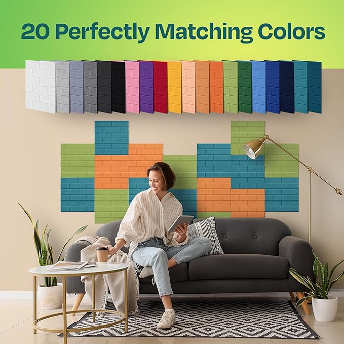 Acoustic Panels 18-Pack Premium Sound Dampening Panels - 12"X12"X0.4" Brick Style, Easy Self-Adhesive Installation - Light Turquoise