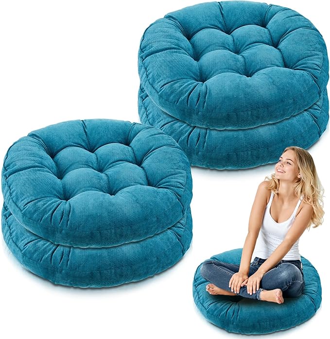 Jerify 4 Pcs Floor Pillow Cushions 22 x 22 Inch Round Square Large Meditation Floor Pillow for Classroom Adult Meditation Picnic Party Cushion for Seating Gift Christmas(Aquamarine,Round)