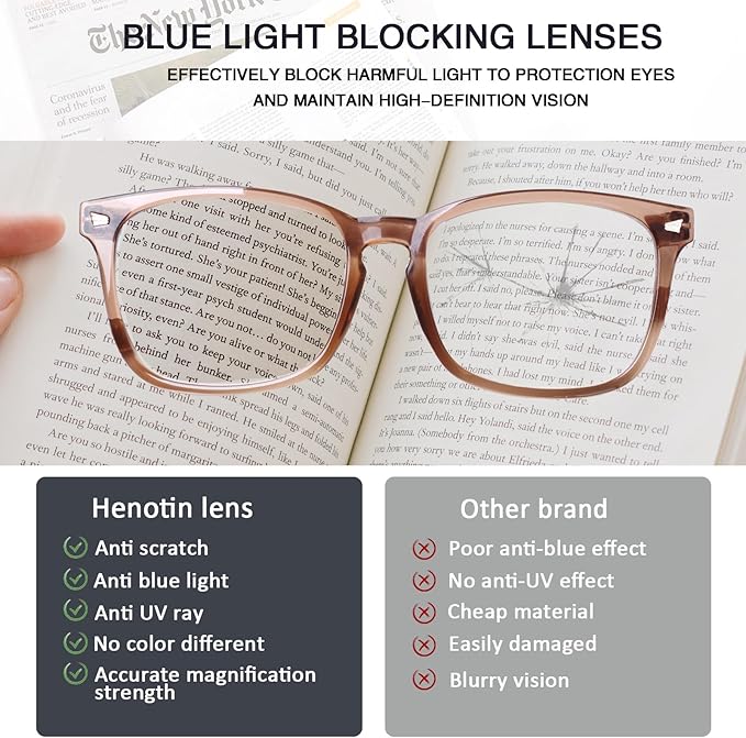 Henotin 4-Pack Blue Light Blocking Reading Glasses Women Men,Spring Hinge Computer Readers,Anti UV Ray Square Nerd Eyeglasses (4 Pack Mix, 1.25, Diopters)