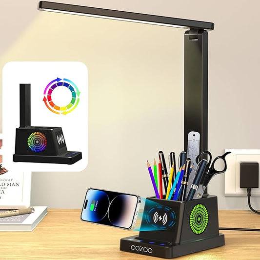 cozoo Desk Lamp,LED Desk Lamps for Home Office,Wireless Charger Small Desk Lamp with Pen Holder,Color Changing Nightlight,12 Lighting Modes,Desk Lamp for College Dorm Room,Desk Light,Nail Desk Lamp