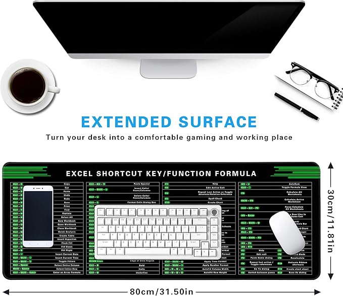 Excel Cheat Sheet Desk Pad, 31.5"x11.8", Waterproof Extra Large Excel Shortcut Mat with Stitched Edges, Anti-Slip Excel Mouse Pad for Office Desk, MS Excel/Word Shortcuts (Green Excel J)