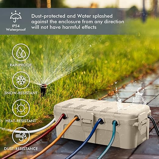 RESTMO Outdoor Electrical Box, IP54 Weatherproof Extension Cord Cover with 6 Cable Entry Ports, Waterproof Connection Box Protect Power Strip, Timer, Plug, Holiday Lights, (11.5x5.2x4 inch), Almond