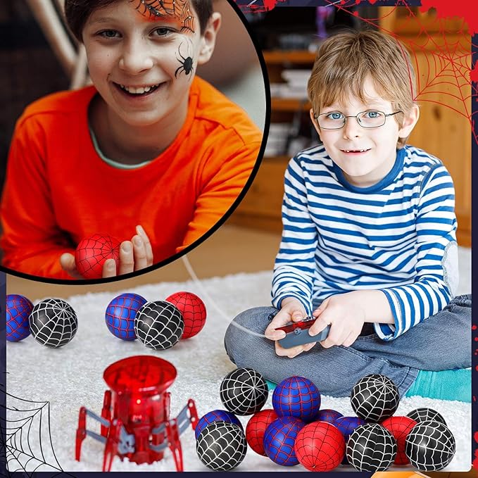 Meooeck 24 Pcs Spider Web Stress Balls Bulk 1.57 Inch Relief Stress Balls Mini Foam Anxiety Fidget Toys Squeeze Sensory Toys Squishy Blue Red Black Spider Web Finger Exercise Birthday Party Favors