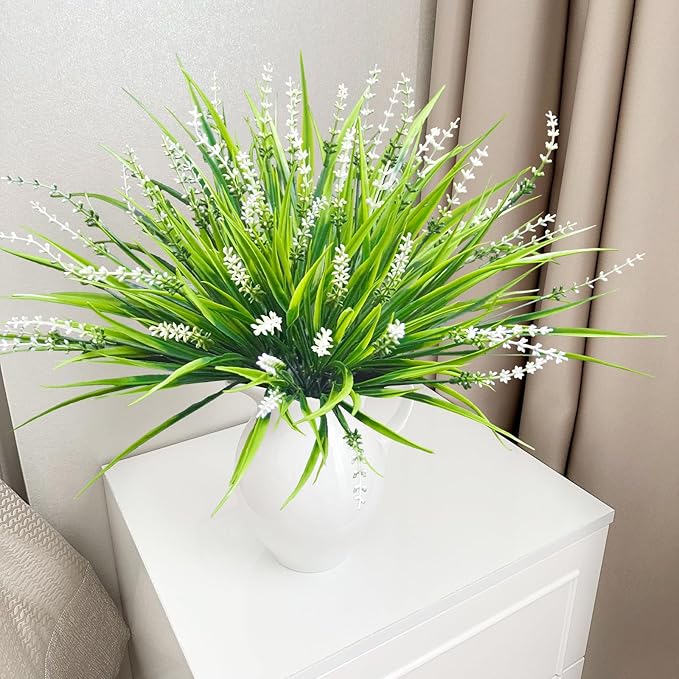 10 Pcs Artificial Plants Outdoor, UV Resistant Fake Outdoor Flowers Plants Faux Plastic Monkey Grass for Outside Front Porch Garden Window Box Home Office Planters Desk Decor (White)
