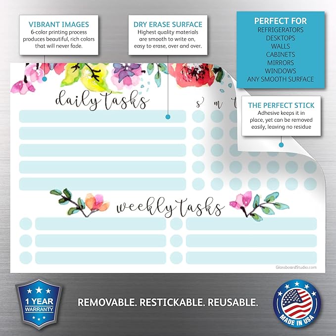 Dry Erase Whiteboard Task Planner | Removable and Restickable Adhesive Decal | Fine-Tip Magnetic Marker Included (6 x 9 inches, Floral)