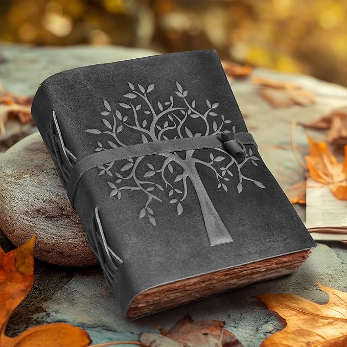 LEATHER VILLAGE Tree of Life Journal - 10 X 7 inches - Black - 200 Antique Deckle Edge Handmade Paper – Book of Shadows - Vintage Leather Bound Journal for Women & Men
