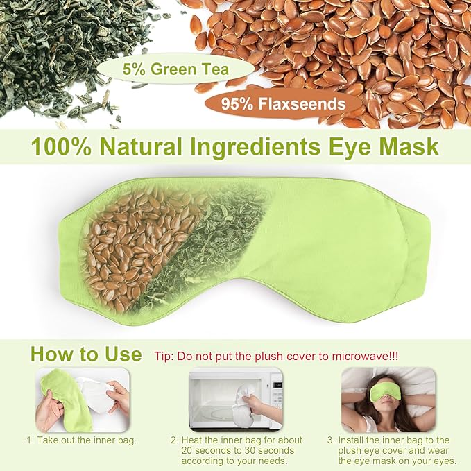 Weighted Eye Mask for Sleeping, Soft Heated Eye Mask, Moist Heat Warm Compress for Eyes, Natural Green Tea& Flaxseeds Microwave Reusable Sleep Mask, Must Haves for Women Spa, Home, Office