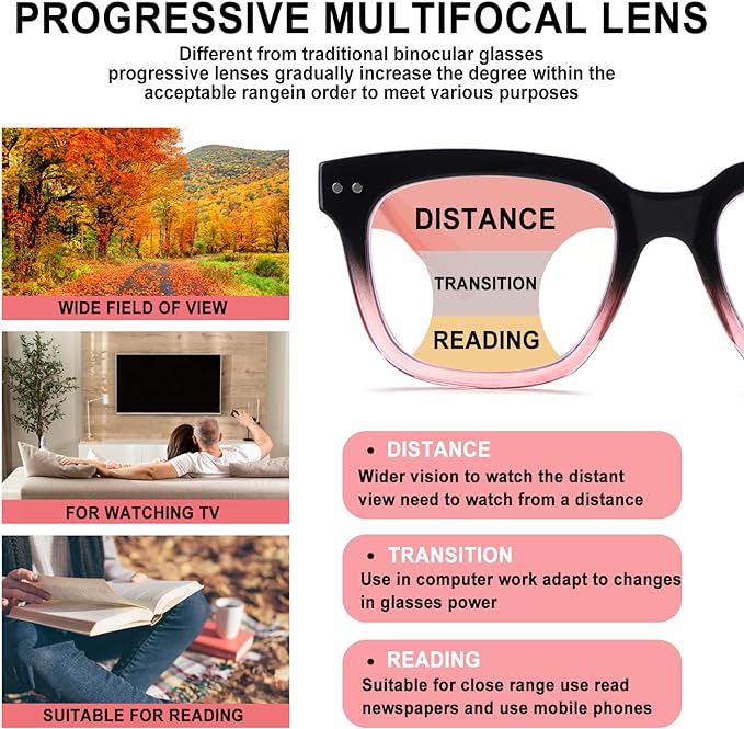Progressive Multifocus Reading Glasses for Women Men Blue Light Blocking Spring Hinge Square Computer Readers