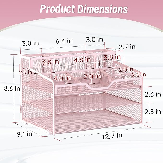 3 Tier Mesh Desk Organizer,Multi Functional Letter Paper Tray with 3 Pen Holders and 5 Adjustable Storage Compartments for Office Supplies Files and Mail Space Saving Desktop Organizer-Pink
