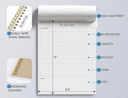 Better Office Products To Do List Notepad, 8.5" x 11", Planning Note Pad, 50 Sheets, Double Wire Spiral, Daily Agenda Productivity Checklist Organizer,(1 Pack)