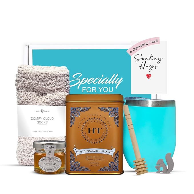 Tea Gift Set for Women – Thoughtful Get Well Gift Box with Cozy Socks, Stainless Tumbler, 20 Sachets, Honey Jar & Sending Hugs Card (Hot Cin Sunset Teaa - Cloud Socks)