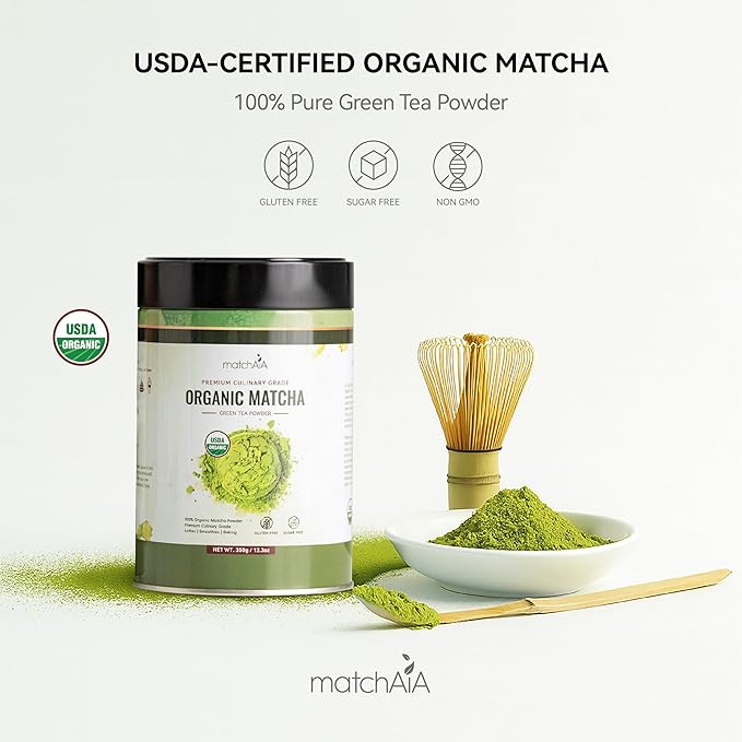 MatchAiA Organic Matcha Green Tea Powder - Premium Culinary Grade, USDA Certified, 100% Pure - Perfect for Lattes, Smoothies, Desserts and Baking - Sugar Free, Gluten Free (350g / 12.3oz Tin)
