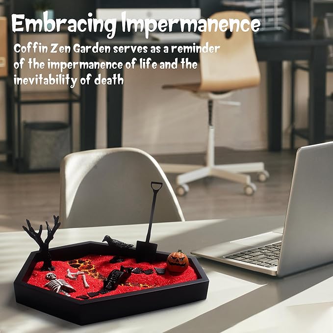 Coffin Zen Garden for Desk 7" x 9" Mini Zen Garden Kit Accessories for Office Coffin Spooky Decor Tray Spooky Gifts Gothic Decor Gifts for Man Women