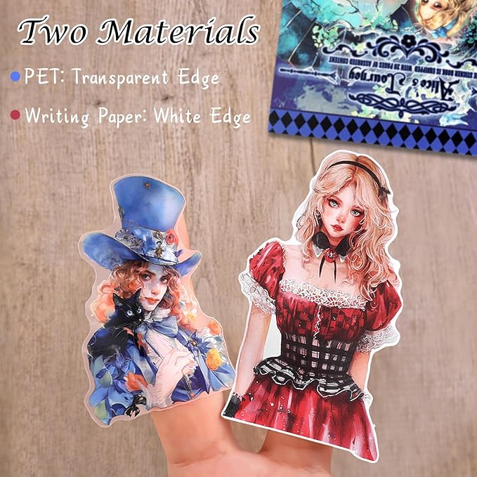 AVECMOI Alice in Wonderland Scrapbooking Sticker Book for Girls, 234 Vintage Fantasy Junk Journaling Stickers, Cute Mystery Sticker Set for Gifts, Party Favor, Card Making, Craft Supplies (Blue)