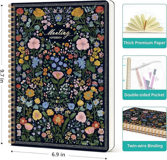 Meeting Notebook for Work Organization, Aesthetic Meeting Minutes Notebook for Work, Event Project Agenda Planner Organizer, Perfect for Office School Business Supplies, 6.9" X 9.7" - Garden of Whimsy