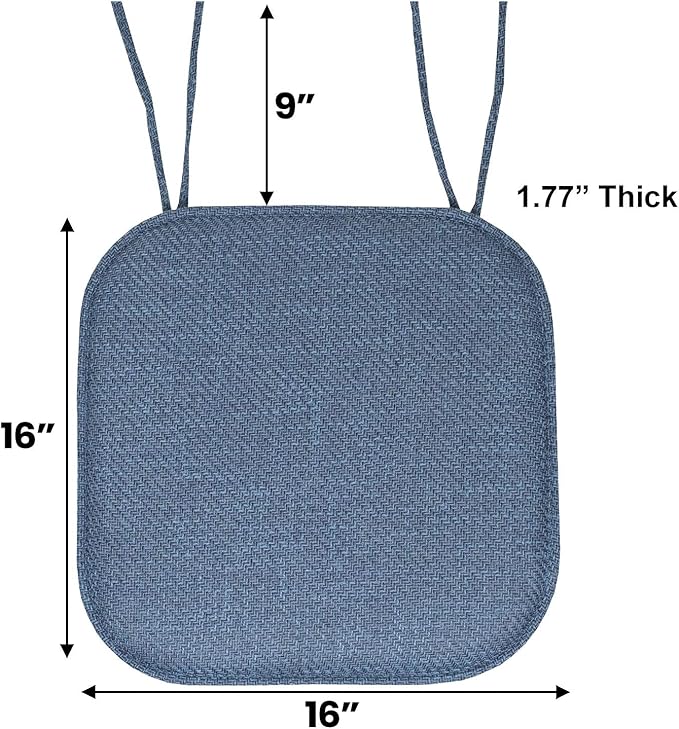 Sweet Home Collection Chair Cushion Memory Foam Pads with Ties Honeycomb Pattern Slip Non Skid Rubber Back Rounded Square 16" x 16" Seat Cover, Herringbone Blue