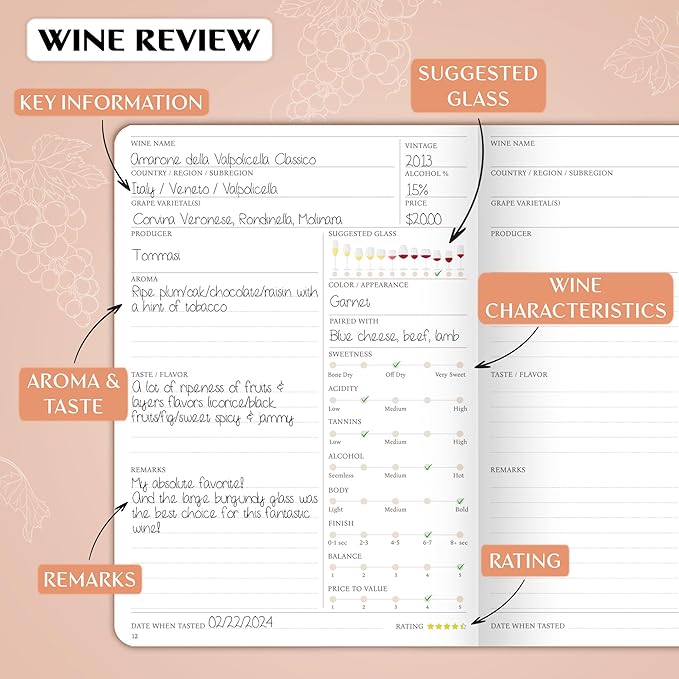 Legend Wine Tasting Journal – Wine Guide & Diary – Unique Accessories & Gifts for Wine Lovers, Women & Men, Eco Leather Notebook (Dark Terraсotta)