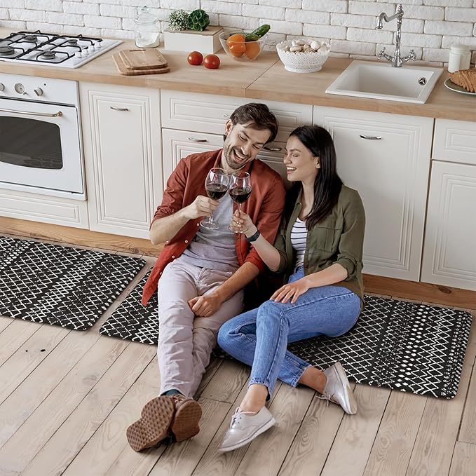 KIMODE Anti Fatigue Kitchen Mats for Floor 2 Piece, Cushioned Farmhouse Kitchen Rugs, Memory Foam Kitchen Floor Mats, Standing Desk Mats for Laundry Office Sink Black 20"x47"+20"x32"