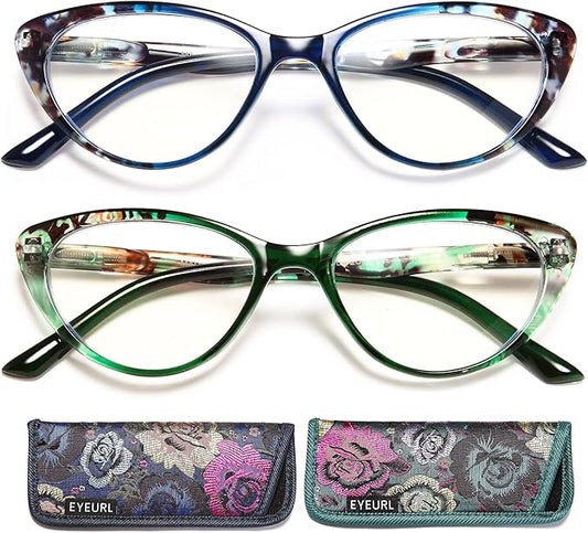 EYEURL Cat Eye Reading Glasses for Women, 2 Pack Blue Light Blocking Readers for Ladies Spring Hinge Fashion Pattern +0.0 Magnification Anti Eyestrain UV Protection