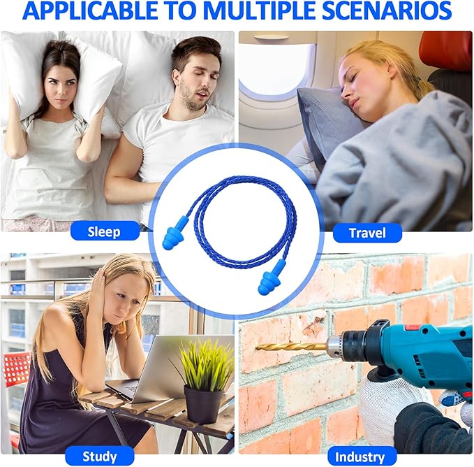 Xuhal 200 Pair Corded Ear Plugs Reusable Silicone Earplugs Individually Wrapped Hearing Protection Sleep Noise Cancelling for Work Construction Shooting Sports Noise Reduction(Blue, Dark Blue)