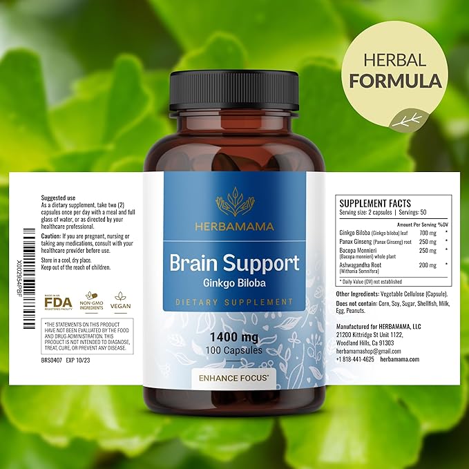 HERBAMAMA Brain Support Capsules - 1400mg Brain Support Supplement for Adults with Bacopa, Panax Ginseng and Ginkgo Biloba - Vegan, Non-GMO Focus Supplement, 100 Caps