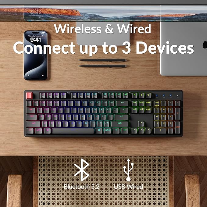 Keychron K10 Full Size 104 Keys Bluetooth Wireless/USB Wired Mechanical Gaming Keyboard for Mac with Keychron Super Red Switch/RGB Backlight/Computer Keyboard for Windows, Aluminum Frame(Version 2)