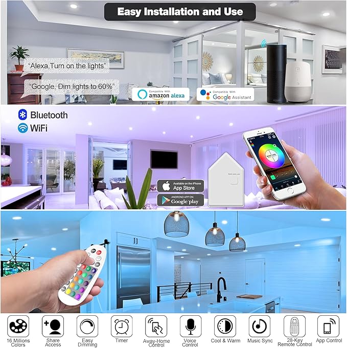 3" Smart Recessed Light 12Pack, Compatible with Alexa Google Home, WiFi & Bluetooth, RGBCW, 2700K~6500K CCT Selectable, Dimmeble, Multicolor, 3 Inch Remote Control Can-Killer LED Downlight