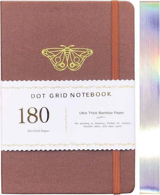 BUKE Mysterious Butterfly A5 Dotted Journal 180Gsm Dot Grid Journal Bamboo White Supper Thick Paper, 5 * 5MM Dot Grid 160 Pages,Colored Silver Edges,Waterproof Fabric Hardcover