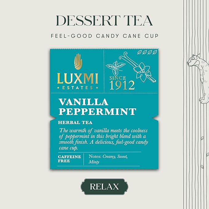 Luxmi Estates - Organic Peppermint Tea with Natural Vanilla Extract - Loose Leaf - 25g (12 Cups) Tea Bags, Limited Fall Tea With the Natural Sweetness of Vanilla, Perppermint Aids Digestion