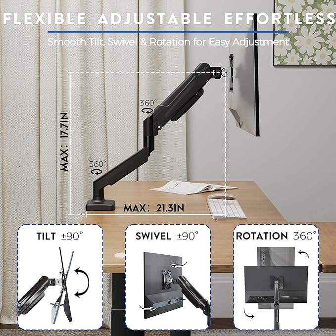 BONTEC Monitor Arm Desk Mount, Gas Spring Monitor Stand, Adjustable Full Motion VESA with C Clamp & Grommet Base, Supports 6.6-19.8lbs LCD/LED Tilt, Swivel, Rotation (Single Arm, 15-32 Inch)