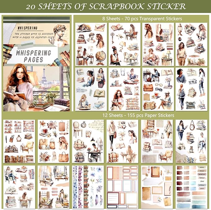 AVECMOI Reading Themed Journaling Stickers for Women, Paper & PET Aesthetic Scrapbook Sticker Book with 225 Images for Junk Journal, Planner and Collage