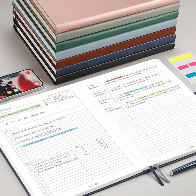 EMSHOI Meeting Notebook for Work with Action Items - 240 Pages A4 Large Project Planner Agenda Organizer Work Notebook for Women Men Office Business, PU Leather Hardcover, 8.5" x 11", Dark Green