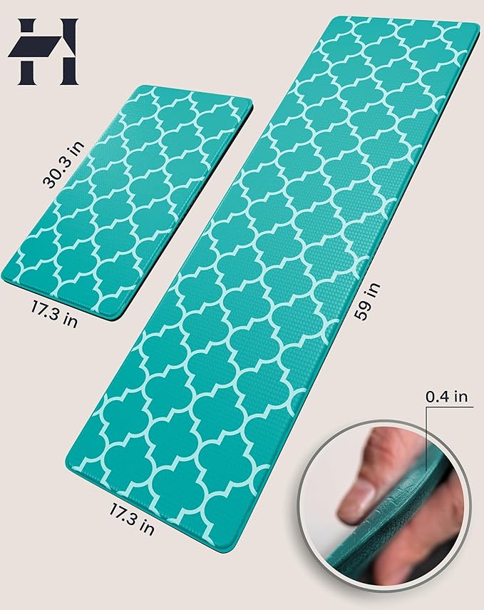 Anti-Fatigue Kitchen Mat Set – 2-Piece Memory Foam Cushioned Mats for Standing – Teal Lantern, 18×30 & 18×60, 0.4 in Thick, Waterproof, Non-Slip – Homergy