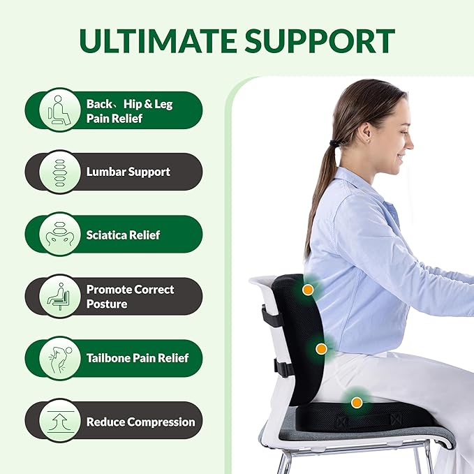Seat Cushion & Adjustable Lumbar Support Pillow Set,Charcoal Memory Foam for Sciatica,Back & Tailbone Pain Relief,Washable Cover & Non-Slip,Ergonomic for Office Chair,Car,Wheelchair -Black