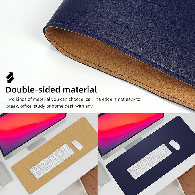 Leather Desk pad Protector, Large Desk mat with Natural Cork & PU Leather,Mouse pad,Non-Slip Office Desk Mat,Waterproof Desk Writing Pad for Office and Home (35in*17in, Blue)