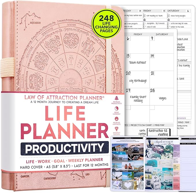 Life Planner - Undated Weekly & Monthly Planner, 12-Month Journey to Increase Productivity | Gratitude Journal, Life Organizer & Goal Journal | Include Foldable Vision Board, Habit Tracker & Stickers